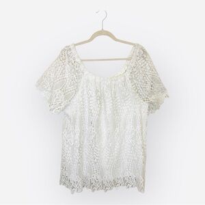Adiva White Lace Crochet Peasant Blouse Boho Romantic Flutter Sleeve Top 1X